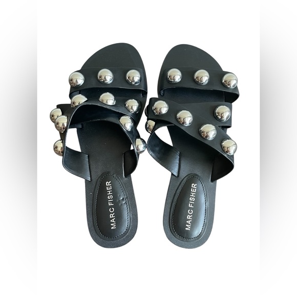 New Marc Fisher Black Women Silver Sandal Size 65 - Picture 3 of 6